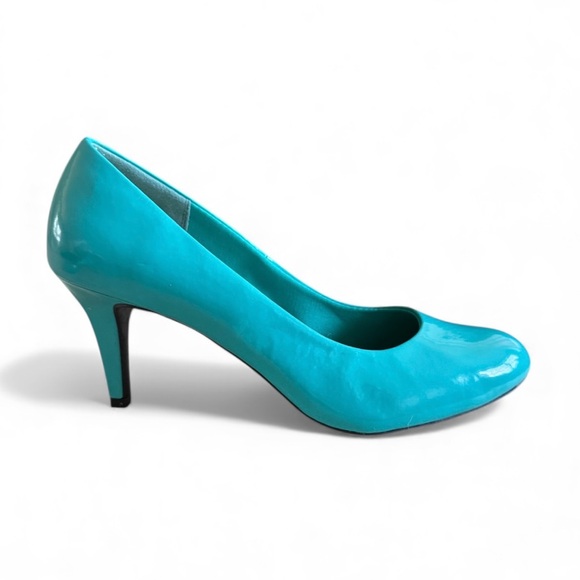 Comfort Plus Patent Round Toe Mid Heel Pumps Office Cocktail Turquoise Blue 11W - Picture 4 of 9